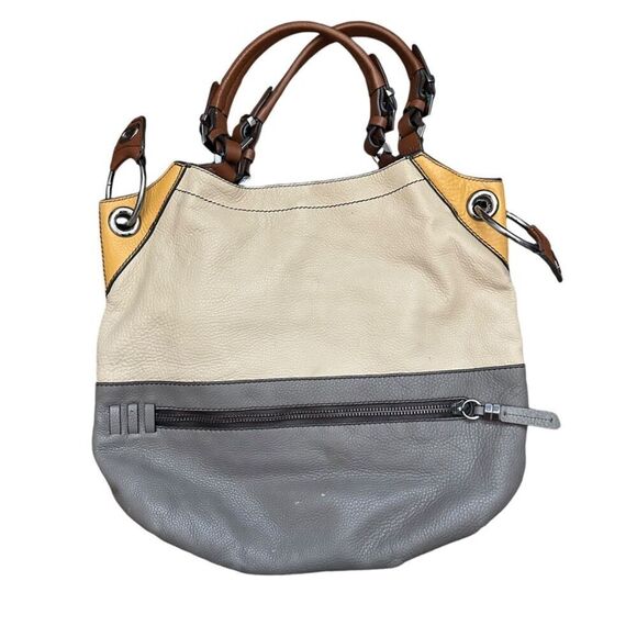 Oryany Color Block Pebble Leather Hobo Bag Boho Beige‎ Grey Silver Hardwear - Picture 2 of 14